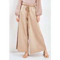 Grosir - Beige - Come Wide Belted Culottes - Celana Rami Basic Kulot Kasual